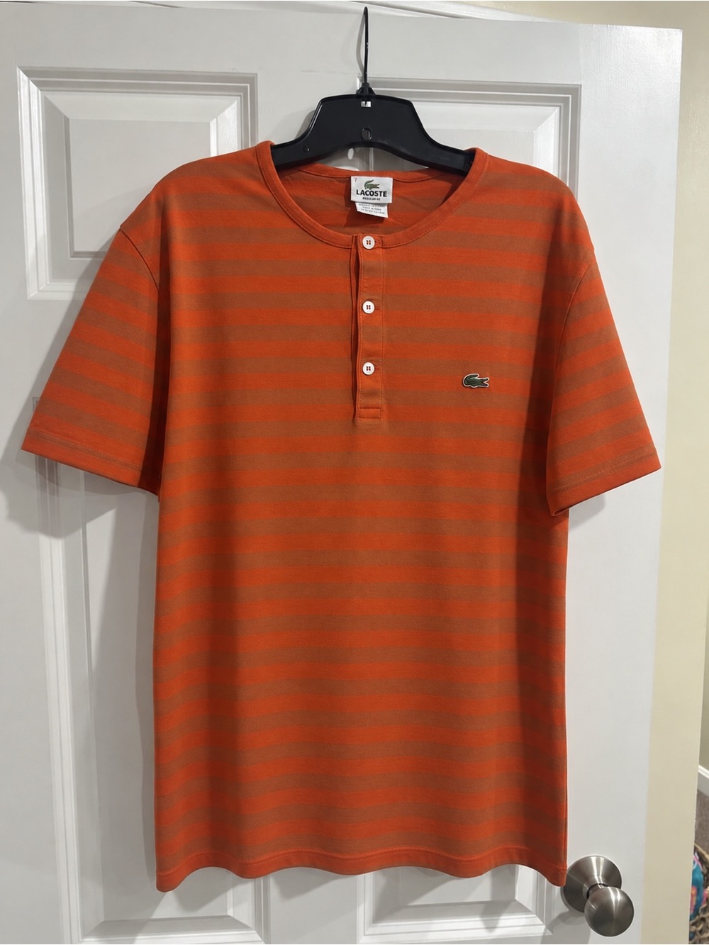 Lacoste Men’s Rust and Brick-Red Striped Henley Tee - Picture 2 of 3